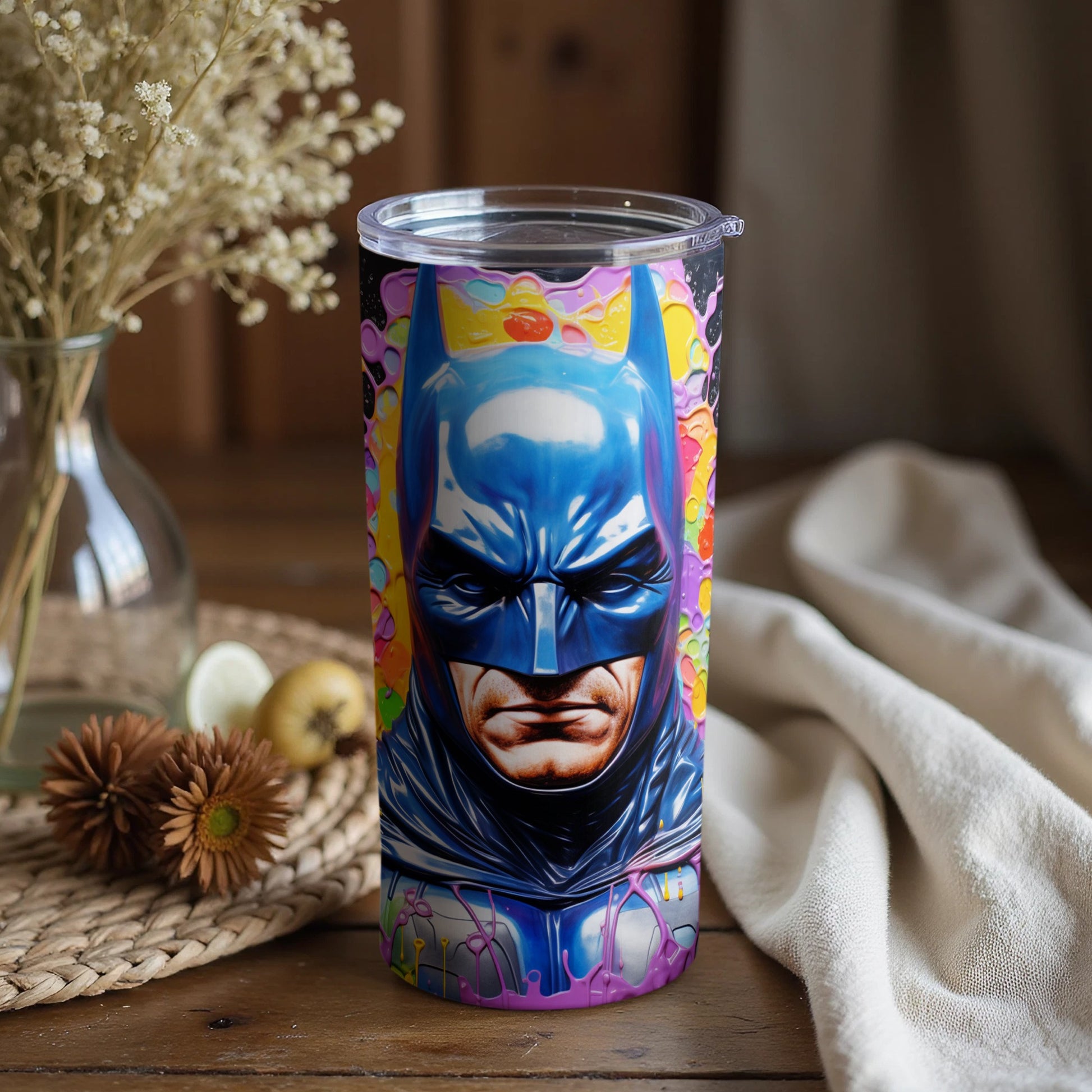 Vibrant Batman Coffee Tumbler with Colorful Background