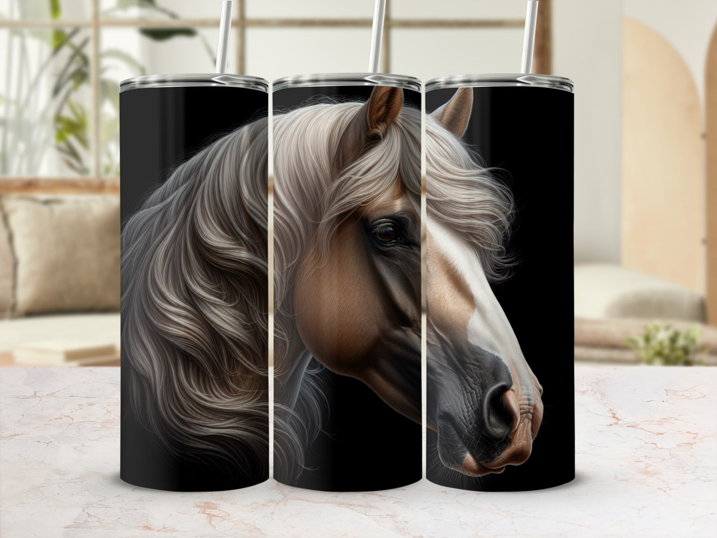 Three tumblers with a realistic horse portrait on a marble surface.