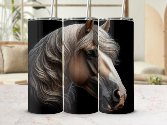 Three tumblers with a realistic horse portrait on a marble surface.