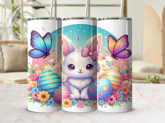 Easter bunny with colorful eggs and butterflies on a tumbler.