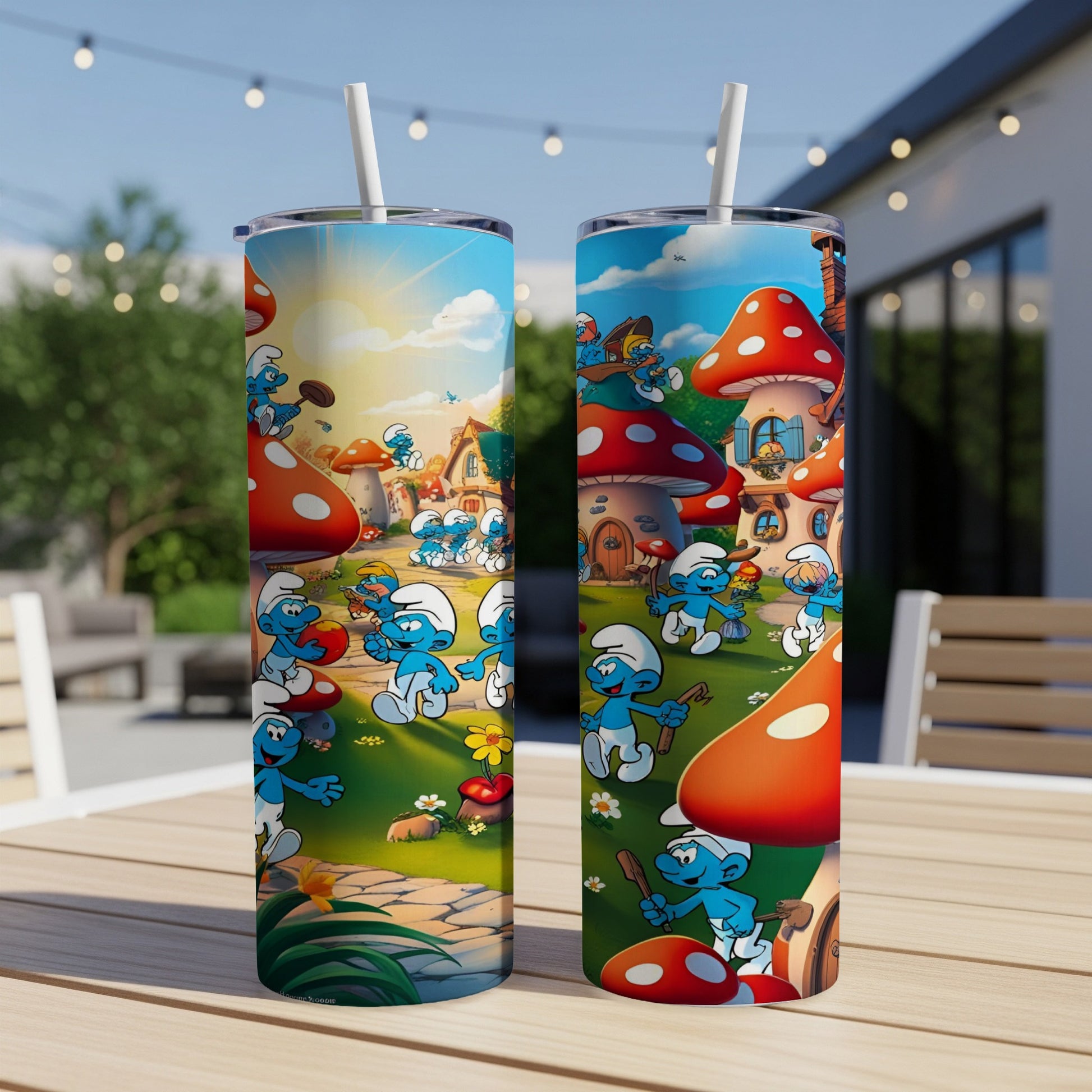 Smurfs characters and mushroom houses in a colorful, sunny outdoor scene.