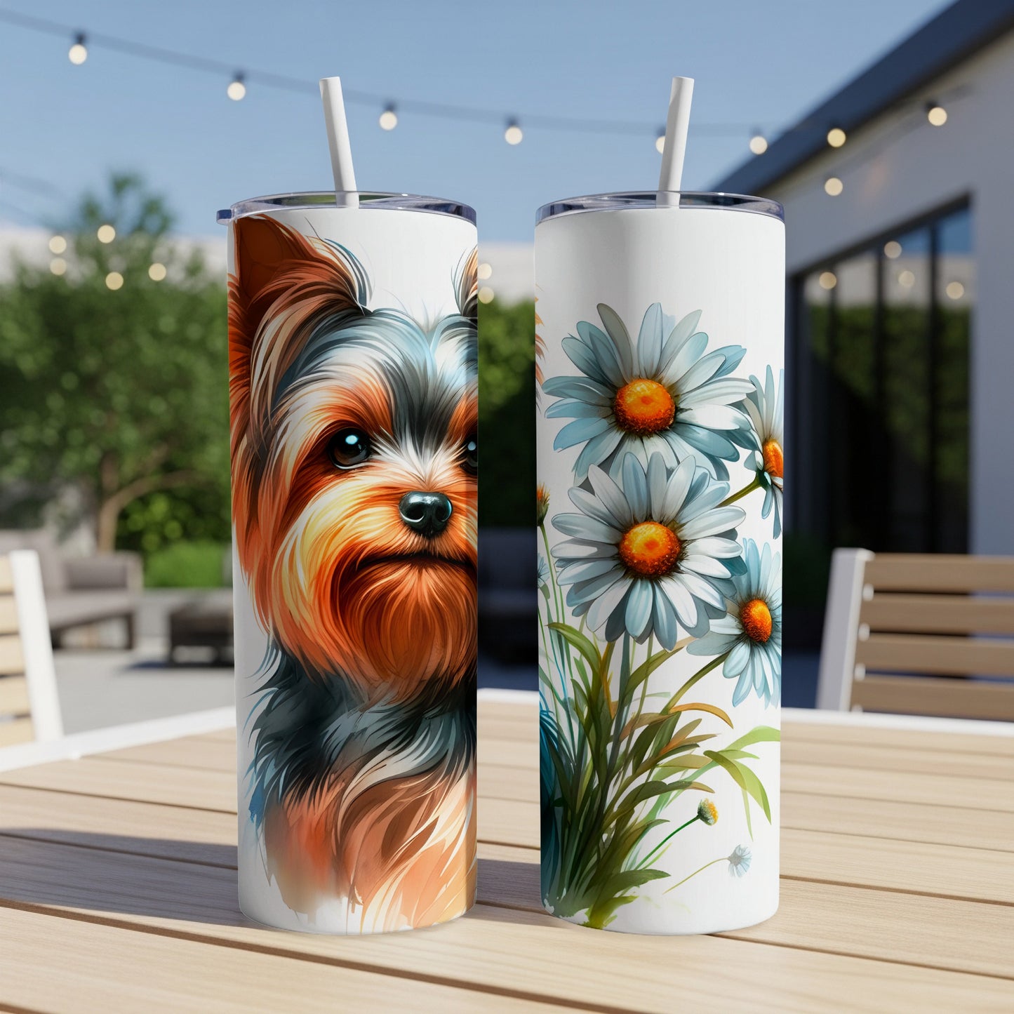 Two tumblers on a table, one with a Yorkshire Terrier, the other with daisies.