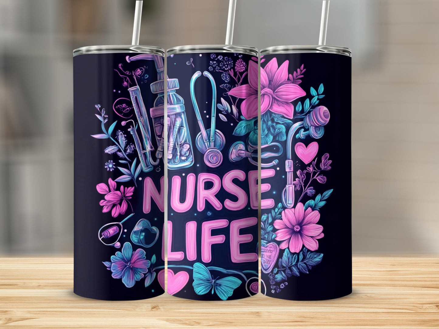 Pink and blue nurse-themed tumbler with stethoscope, heart, and flowers.