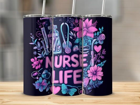 Pink and blue nurse-themed tumbler with stethoscope, heart, and flowers.