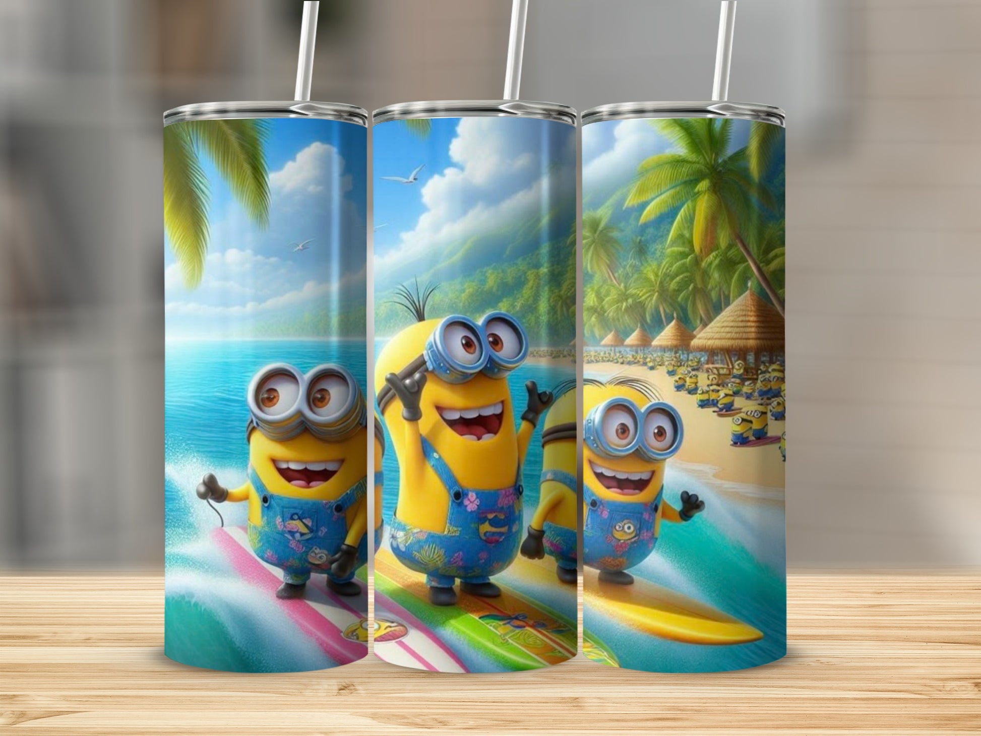 Cute Cartoon Characters on Vacation Tumbler with Straw