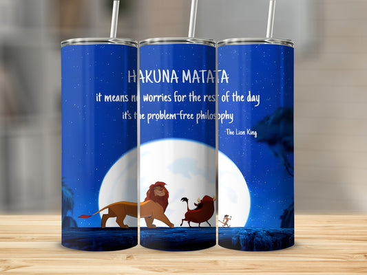 Lion King's Hakuna Matata quote with Simba and Pumbaa against a moonlit sky.