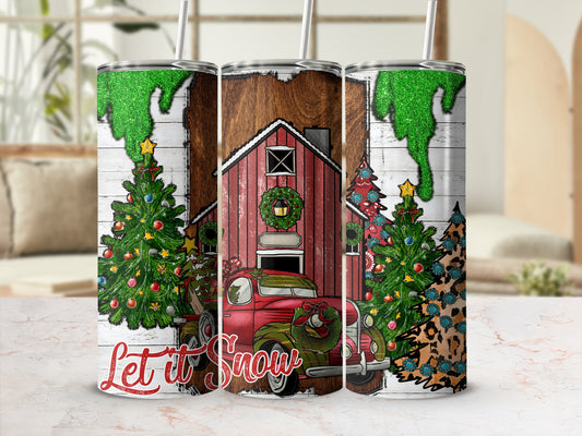 Red truck and Christmas trees with "Let It Snow" text on rustic wood background.