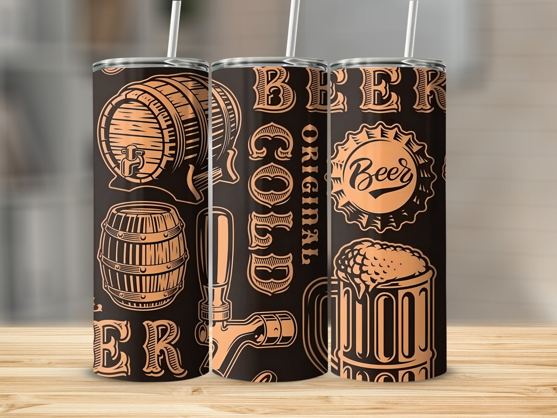 Beer Themed Tumbler with Barrel Mug and Tap Designs