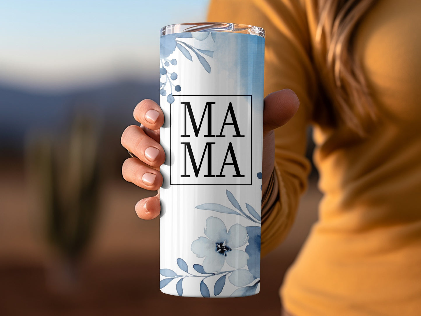 Blue Floral MAMA Tumbler with Elegant Design
