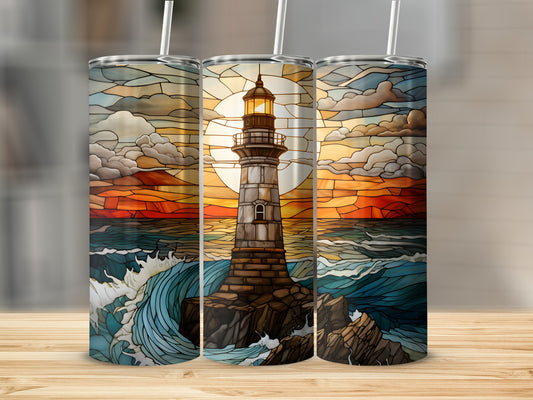 Stained glass lighthouse on rocky shore at sunset, waves crashing.