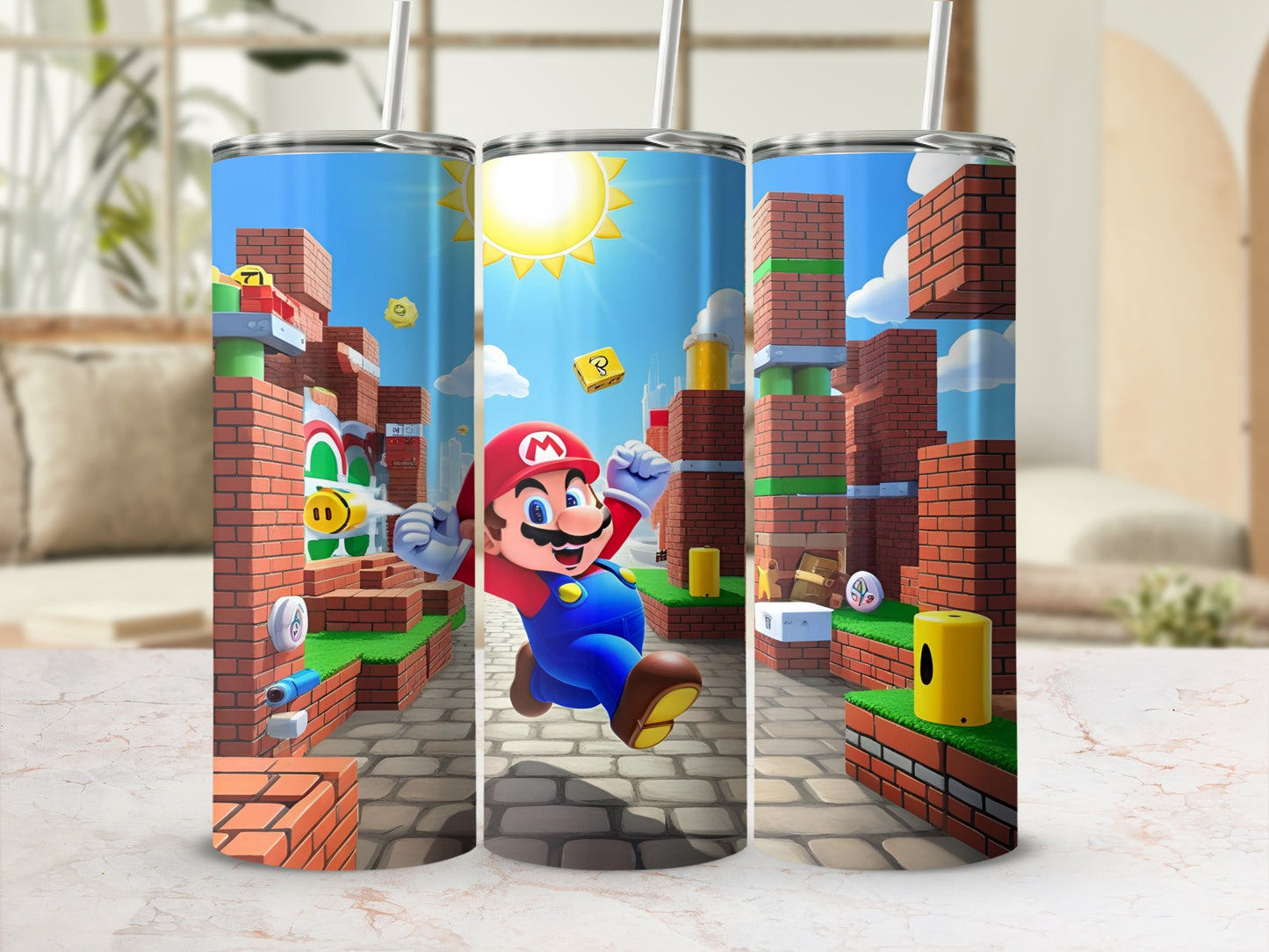 Mario running through a brick-filled Super Mario level, holding a question block.