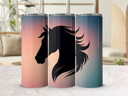Three tumblers with a black horse silhouette against a sunset gradient.