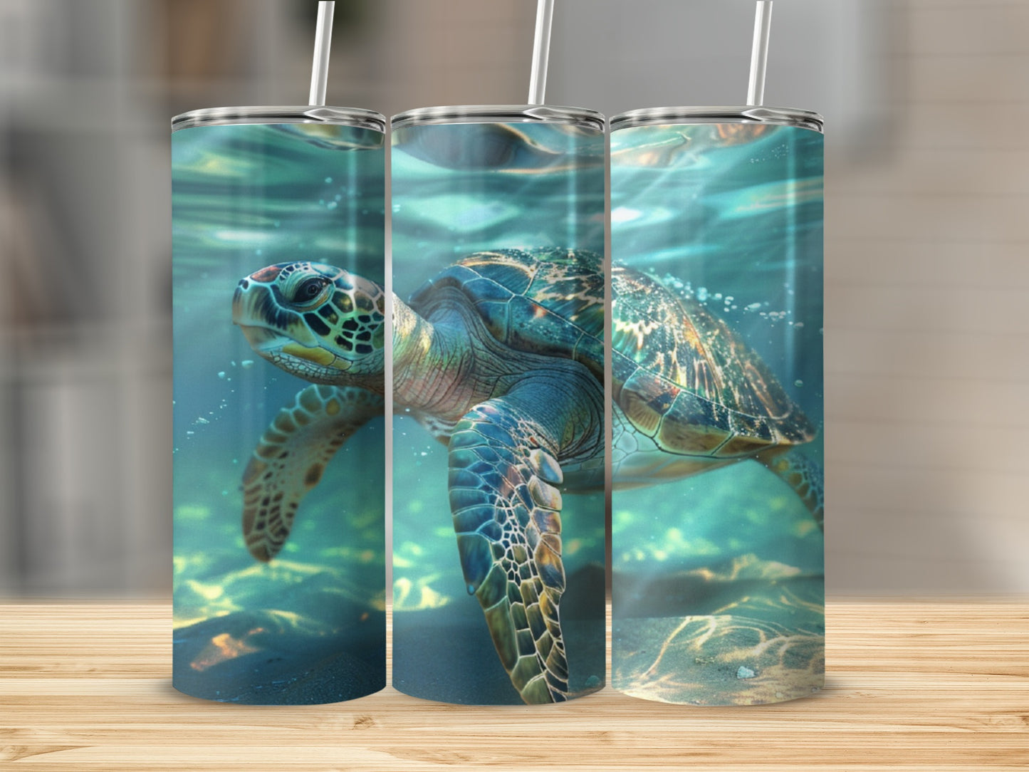Sea turtle swims underwater in sunlight dappled by water.