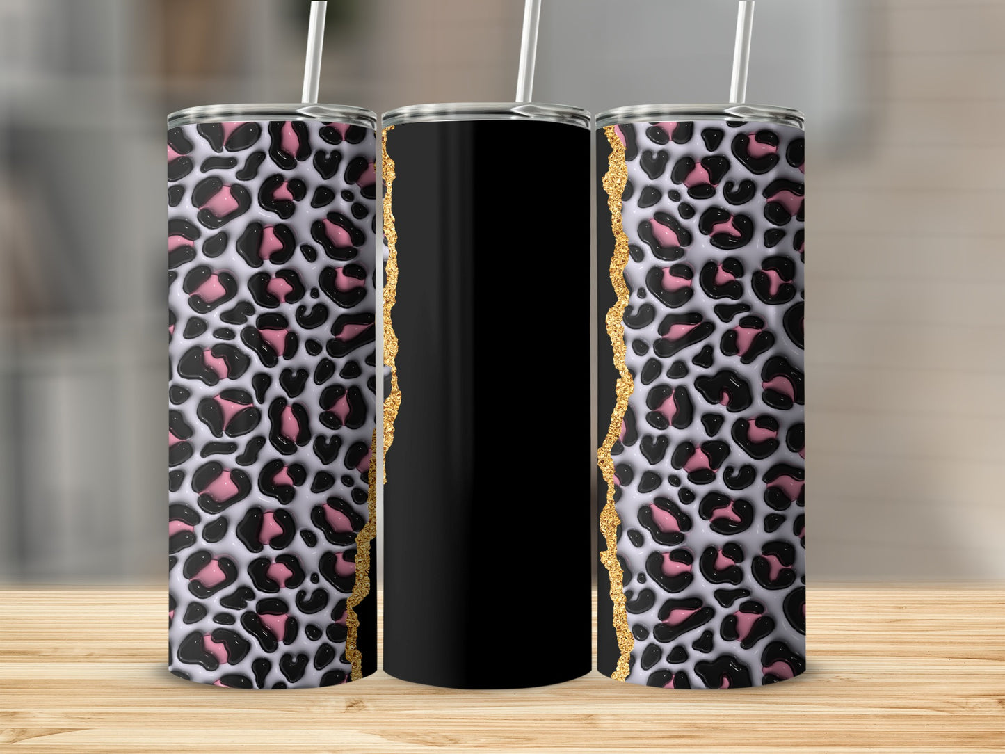 Black tumbler with leopard print and gold sparkle design.