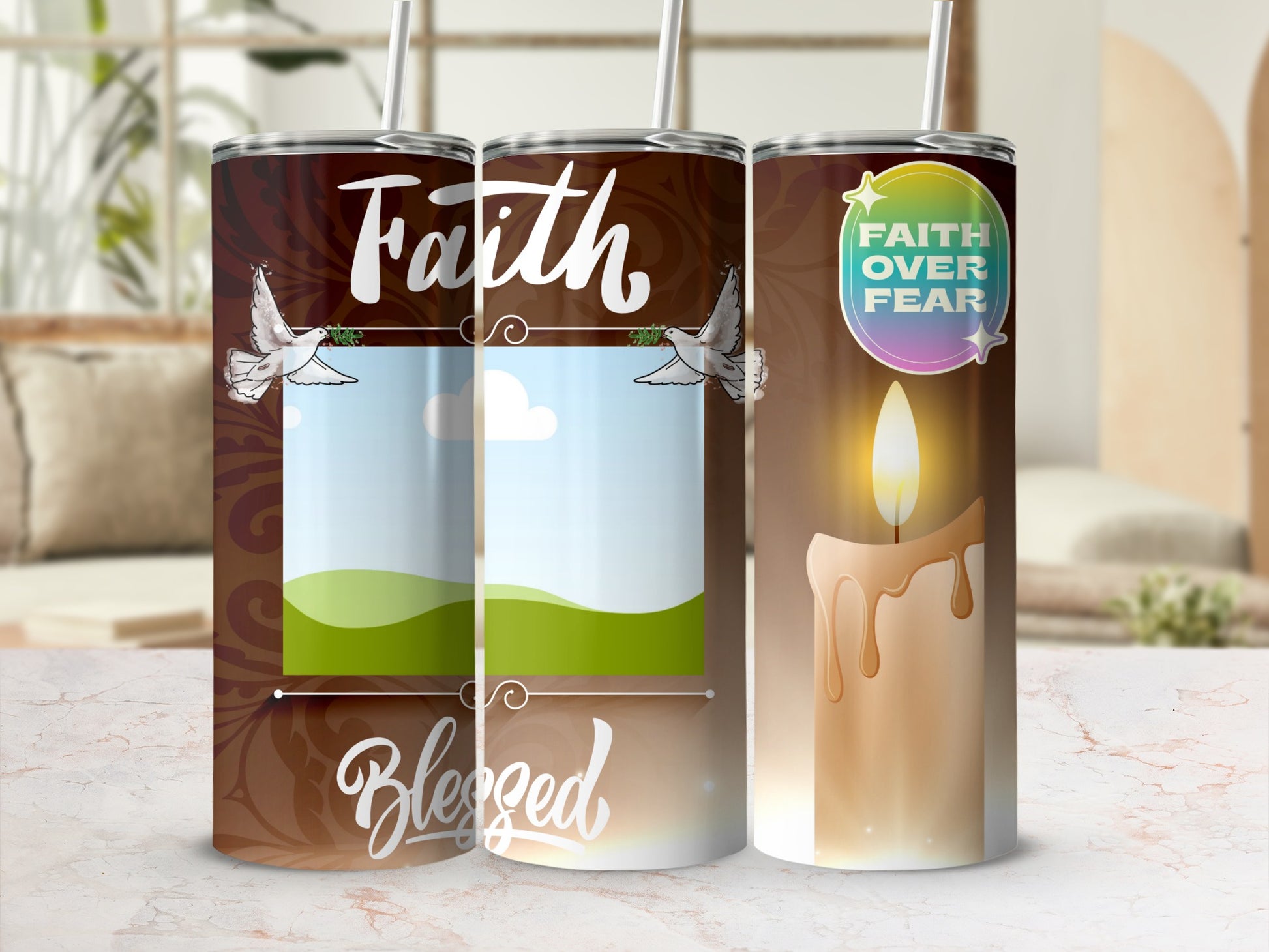 Tumblers with doves, faith over fear text, and a lit candle.