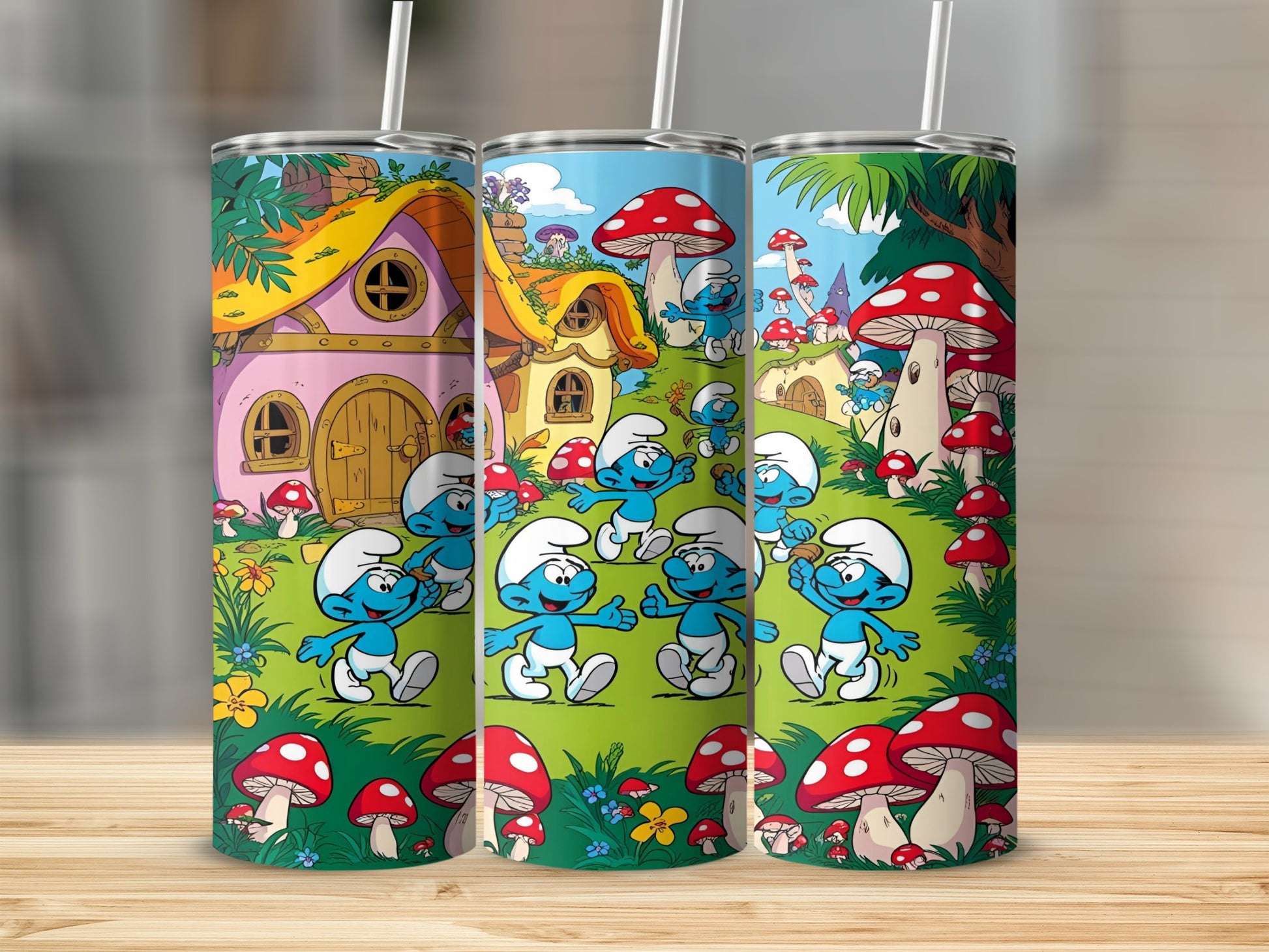 Smurfs in village with mushroom houses and trees.