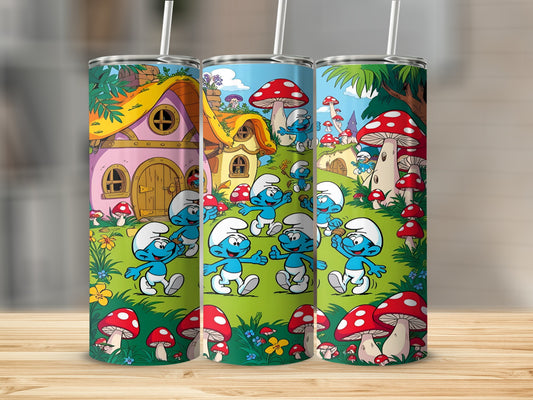 Smurfs in village with mushroom houses and trees.