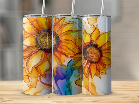 Three tumblers featuring a vibrant watercolor sunflower design.