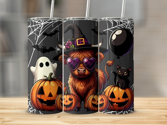 Halloween-Themed Tumbler with Ghost Cat and Pumpkin Design