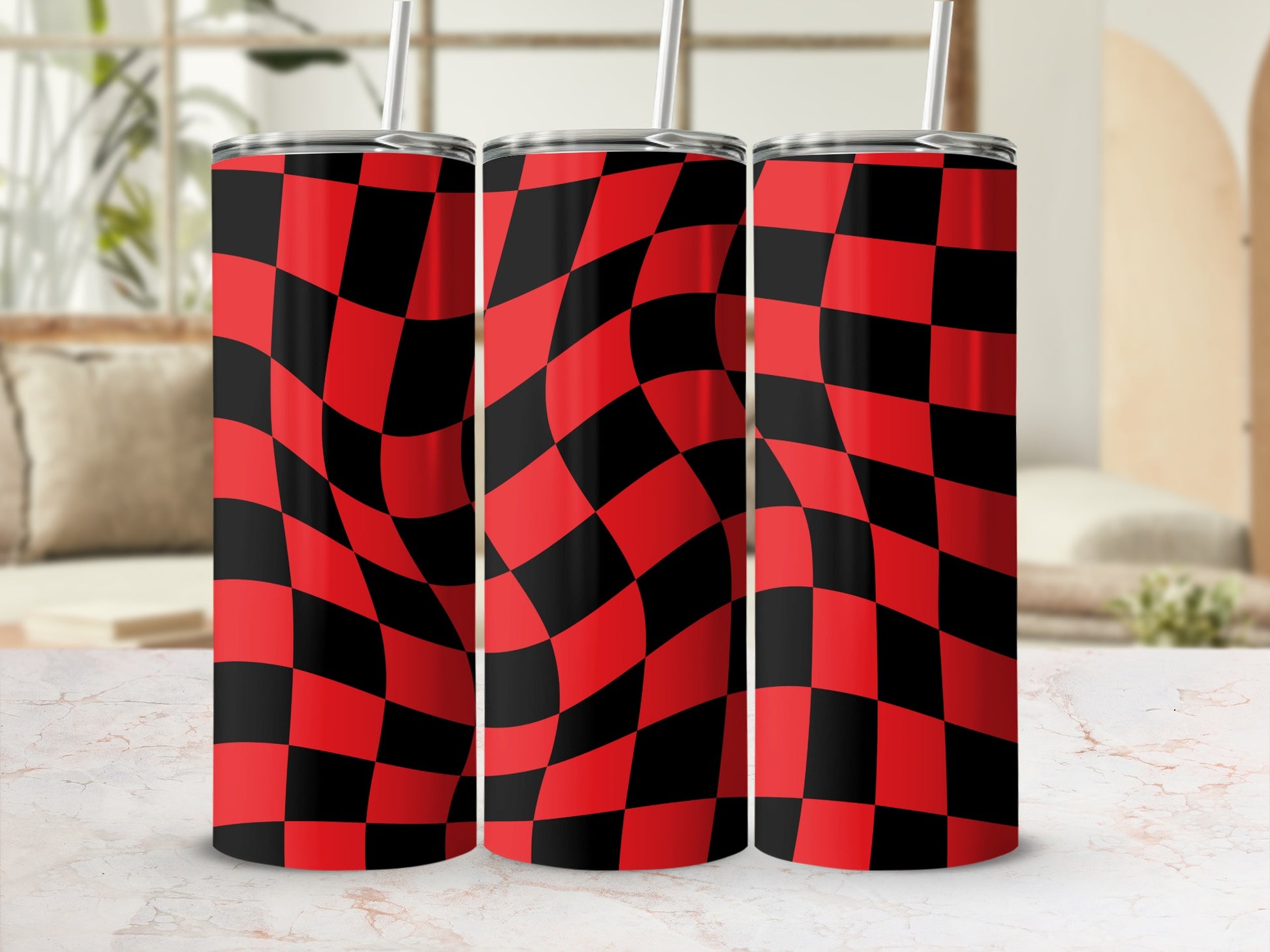 Three tumblers with red and black checkered wavy pattern.