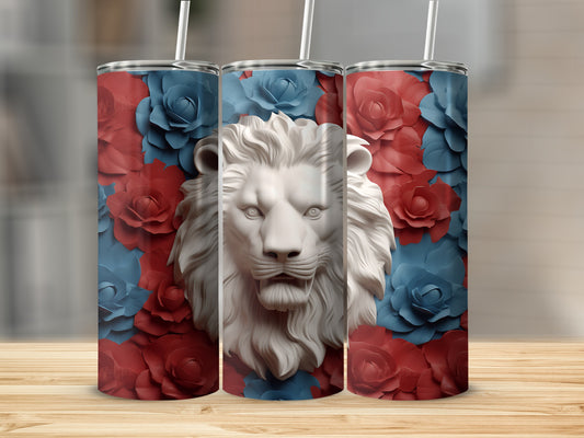 Three tumblers with a lion's head surrounded by red and blue paper flowers.