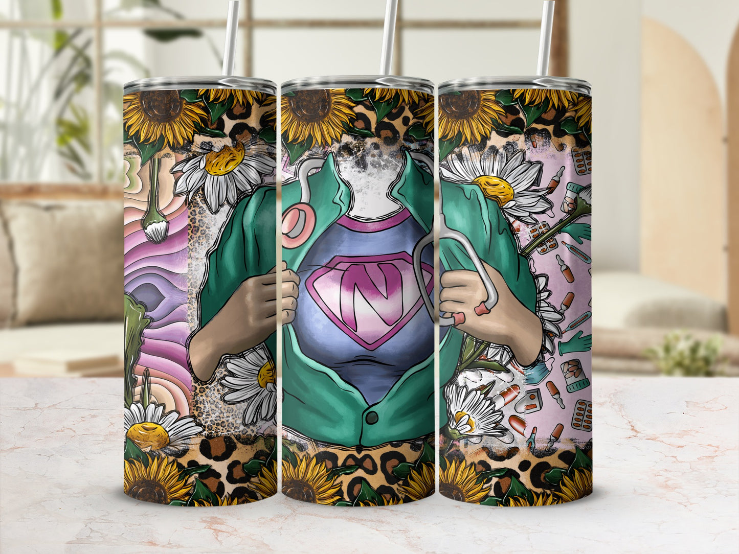 Sunflower and medical print tumbler with nurse's stethoscope design.