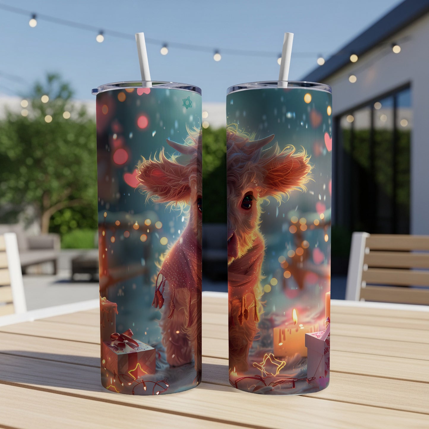 Fluffy highland cow with festive lights and gifts on a tumbler.