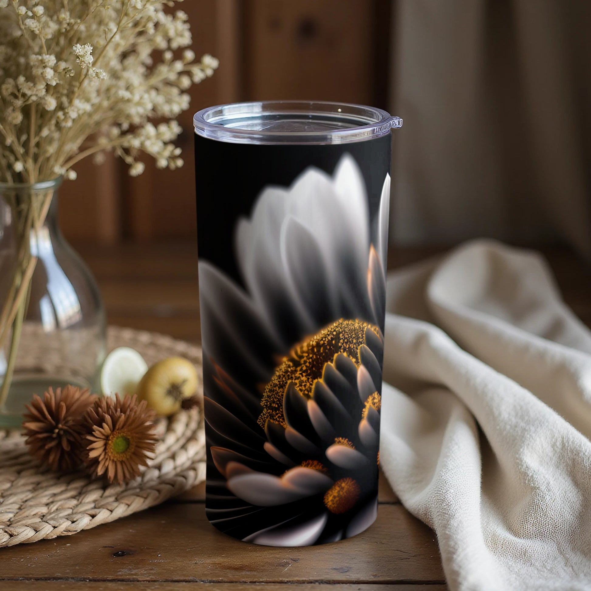 Elegant Black Flower Design Tumbler with Lid product