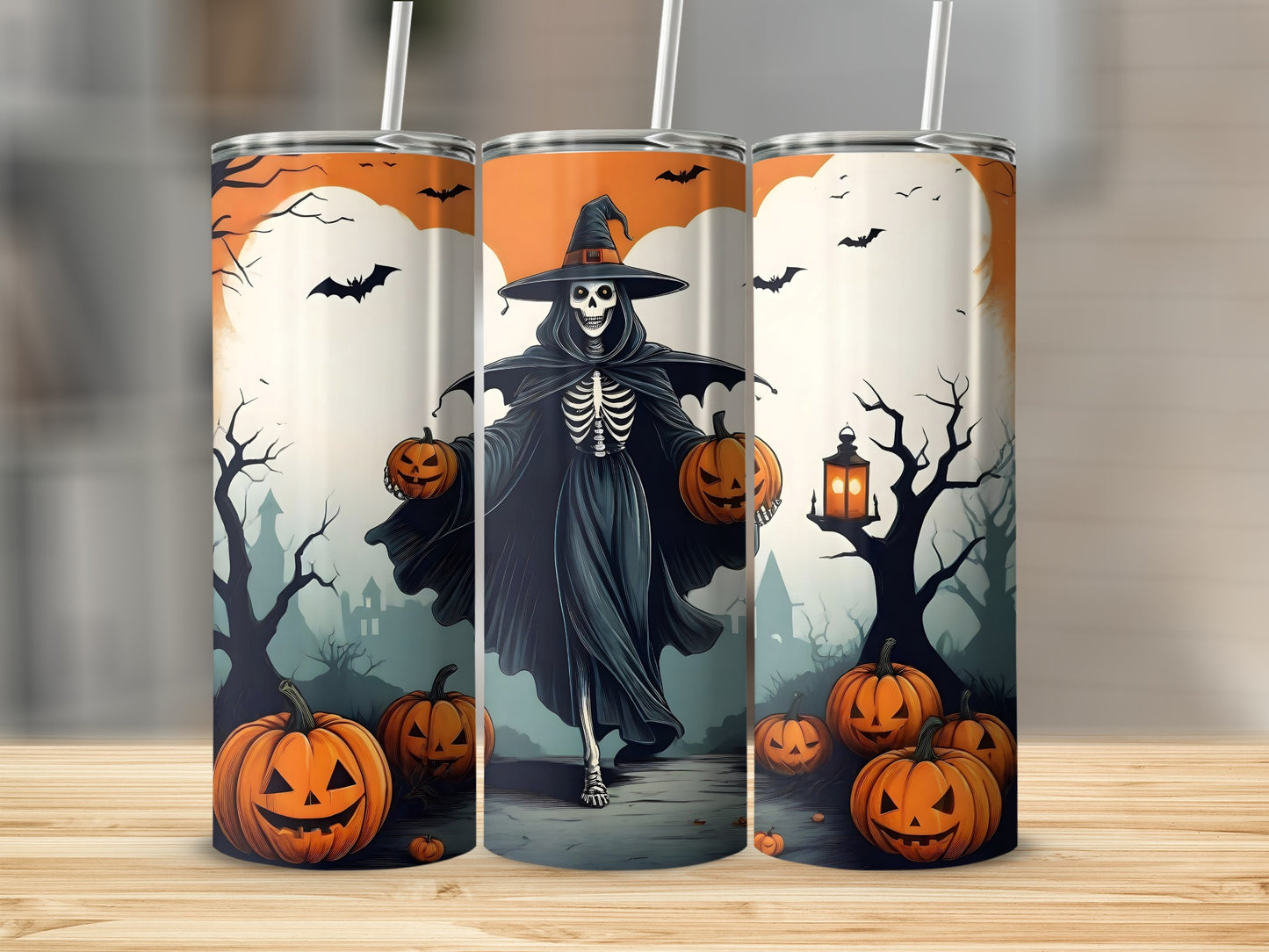 Skeleton in witch hat holding pumpkins on Halloween themed tumblers.