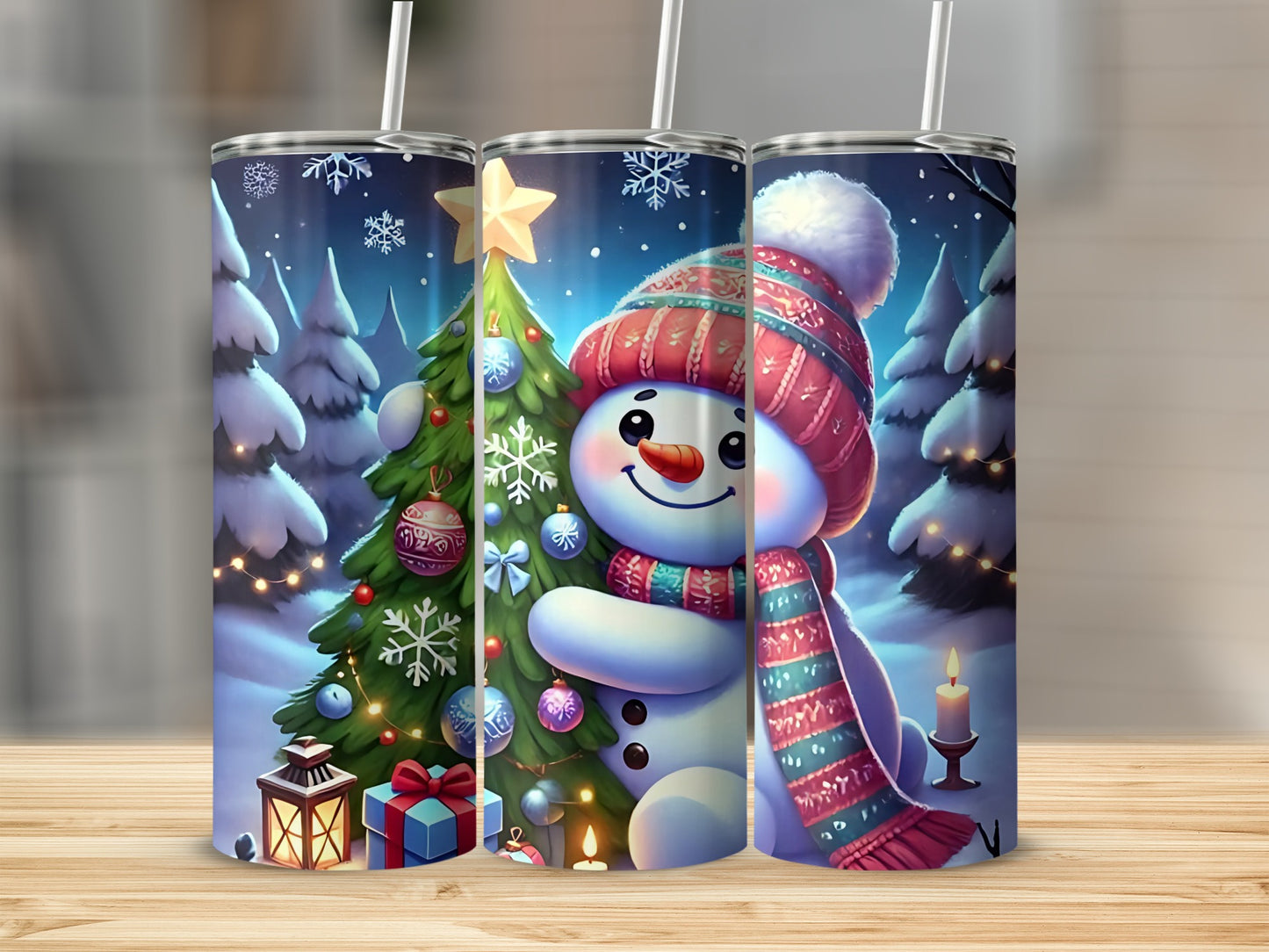 Festive Snowman and Christmas Tree Tumbler Design