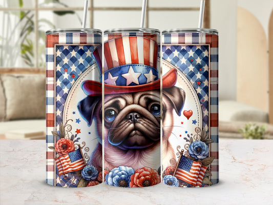 Pug wearing Uncle Sam hat with American flags and floral accents.
