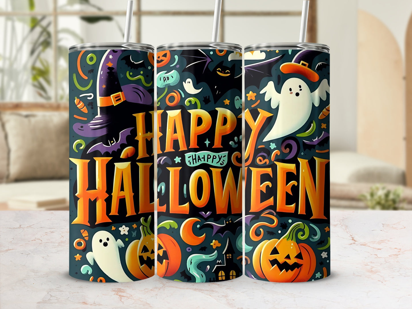 Three tumblers with "Happy Halloween" text and Halloween motifs.