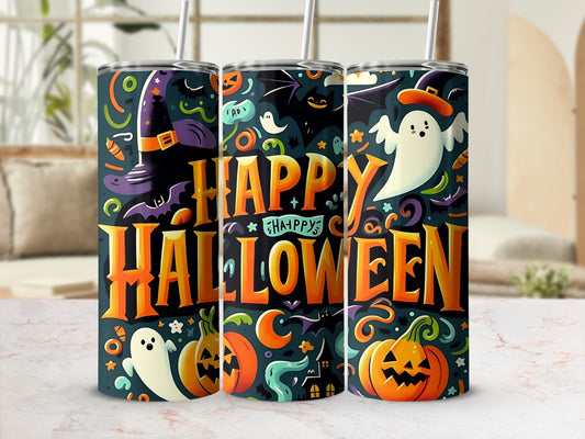 Three tumblers with "Happy Halloween" text and Halloween motifs.