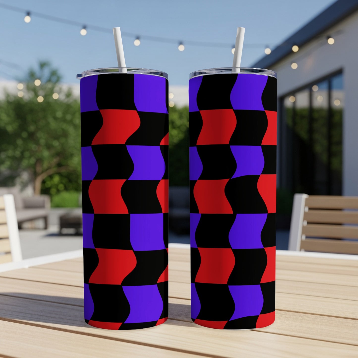 Two tall tumblers with a red, blue, and black checkered pattern.