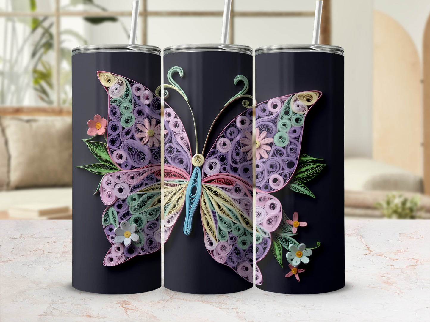 Three dark tumblers with a pastel quilled butterfly and floral design.