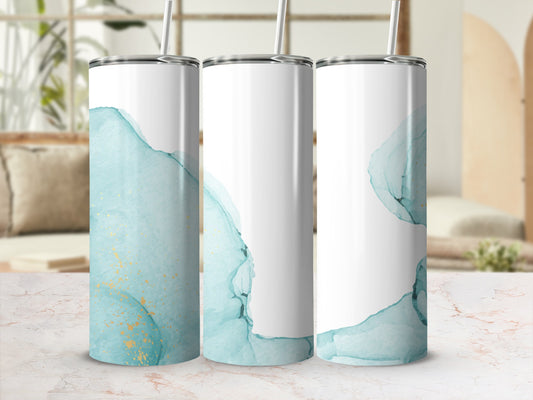 Three tumblers with abstract teal and gold watercolor designs.