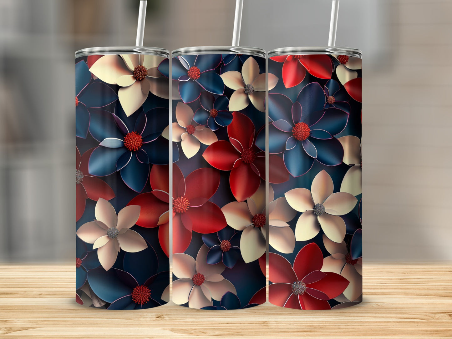 Three tumblers with a red, white, and blue floral design.