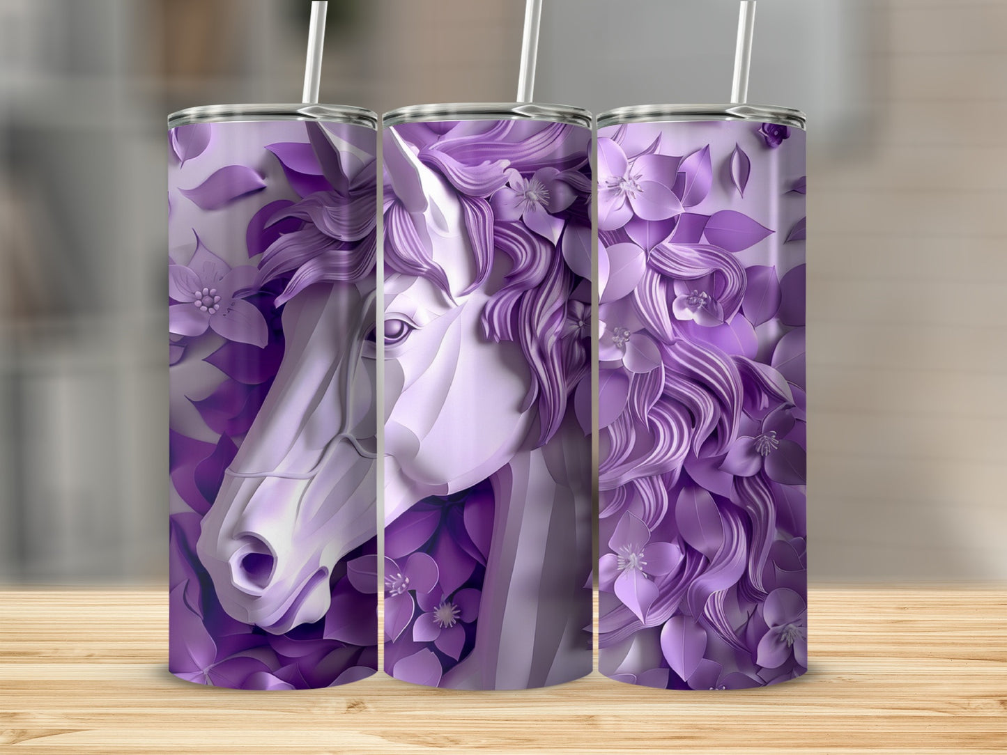 Three purple tumblers featuring a horse's head surrounded by flowers.