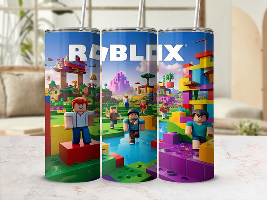 Roblox tumbler with colorful block-building characters and game scenes.