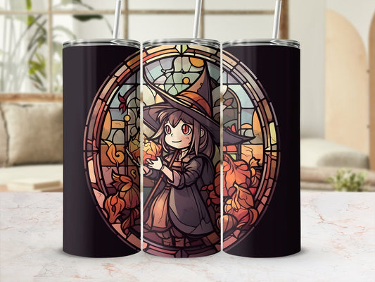 Stained glass style tumbler with a witch holding a pumpkin.
