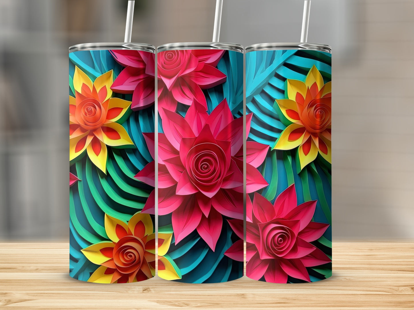 Colorful Floral Design Insulated Tumbler with Straw