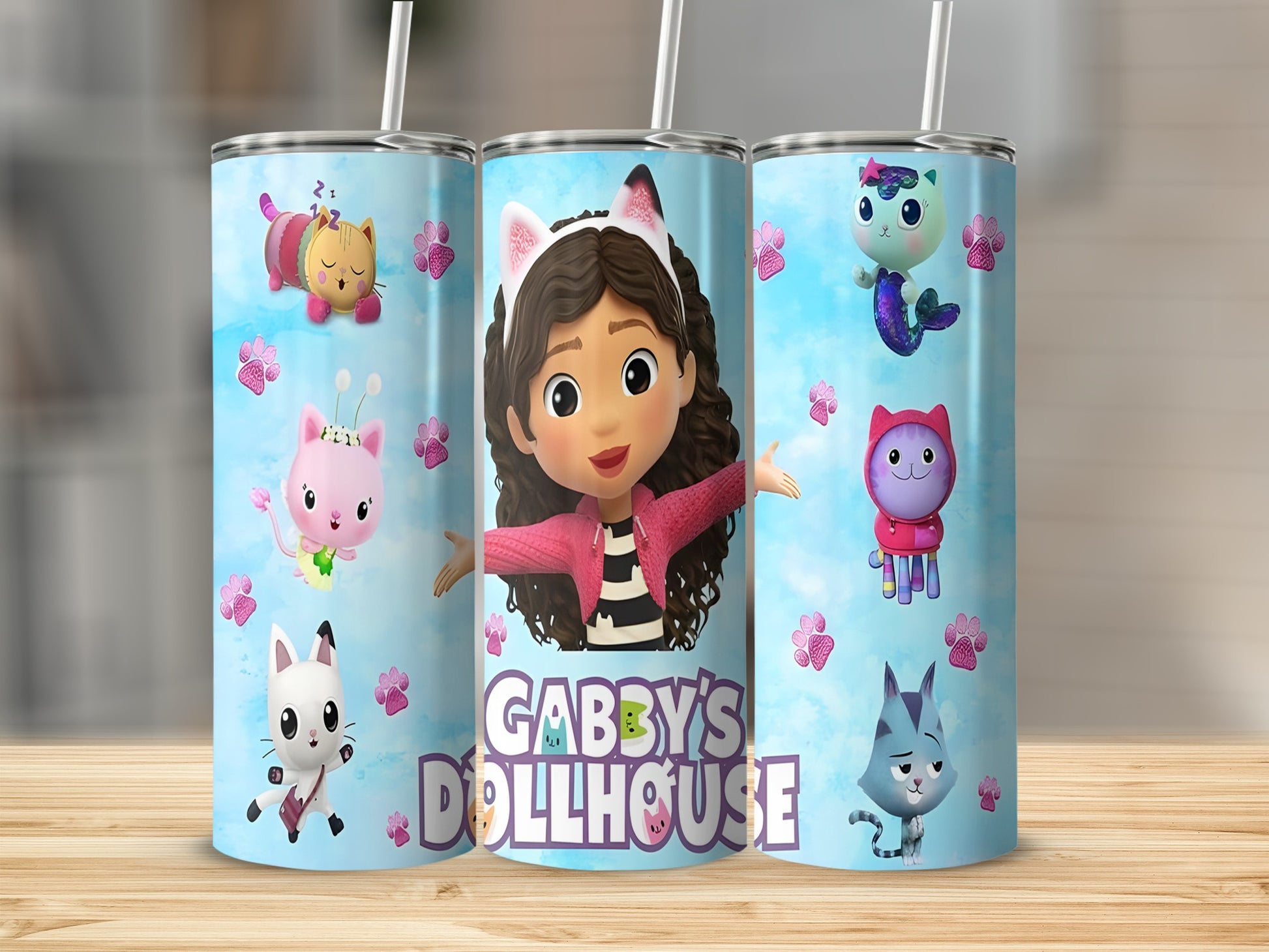 Gabby's Dollhouse themed tumbler with Gabby and cartoon cats and kittens.