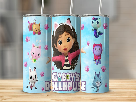 Gabby's Dollhouse themed tumbler with Gabby and cartoon cats and kittens.