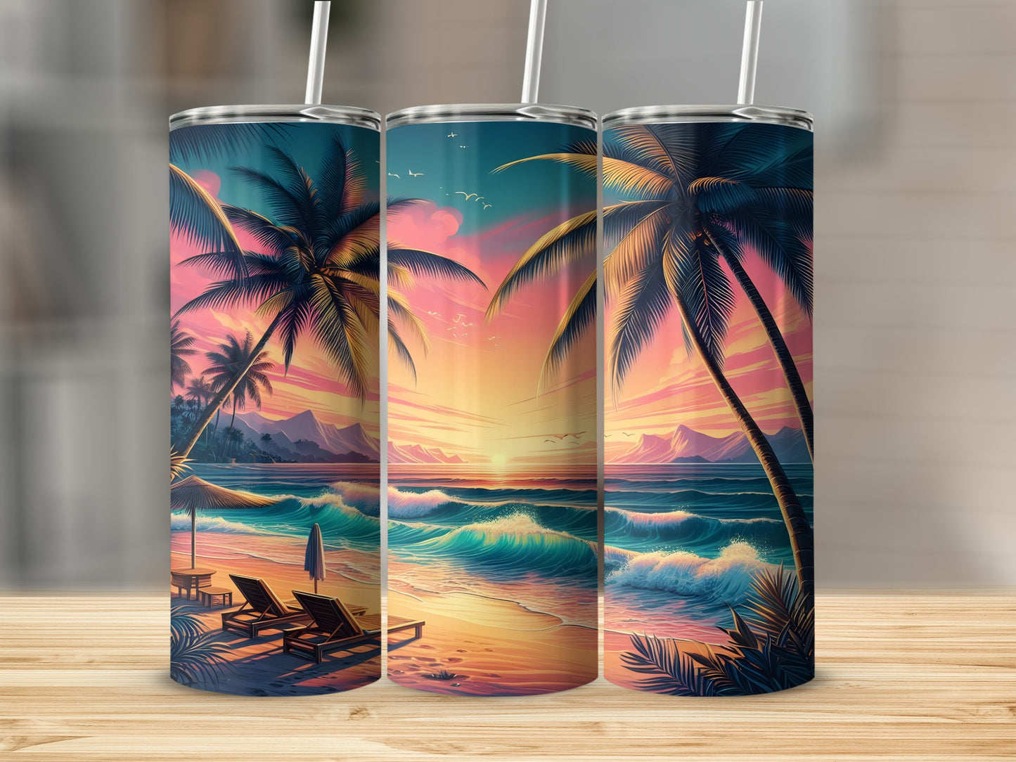 Beach scene with palm trees and ocean waves at sunset on three tumblers.