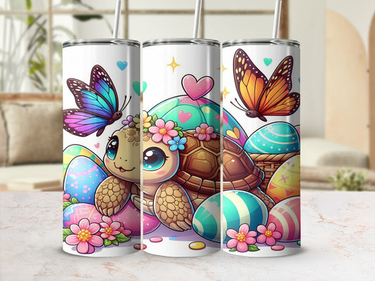 Easter turtle with butterflies and decorated eggs, surrounded by flowers.
