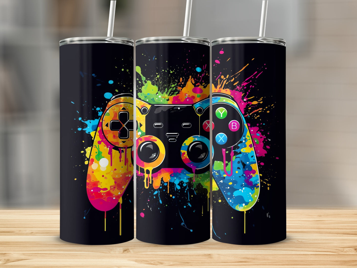 Vibrant Splatter Paint Gaming Controller Design Tumbler