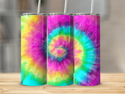Three tumblers with colorful tie-dye patterns.