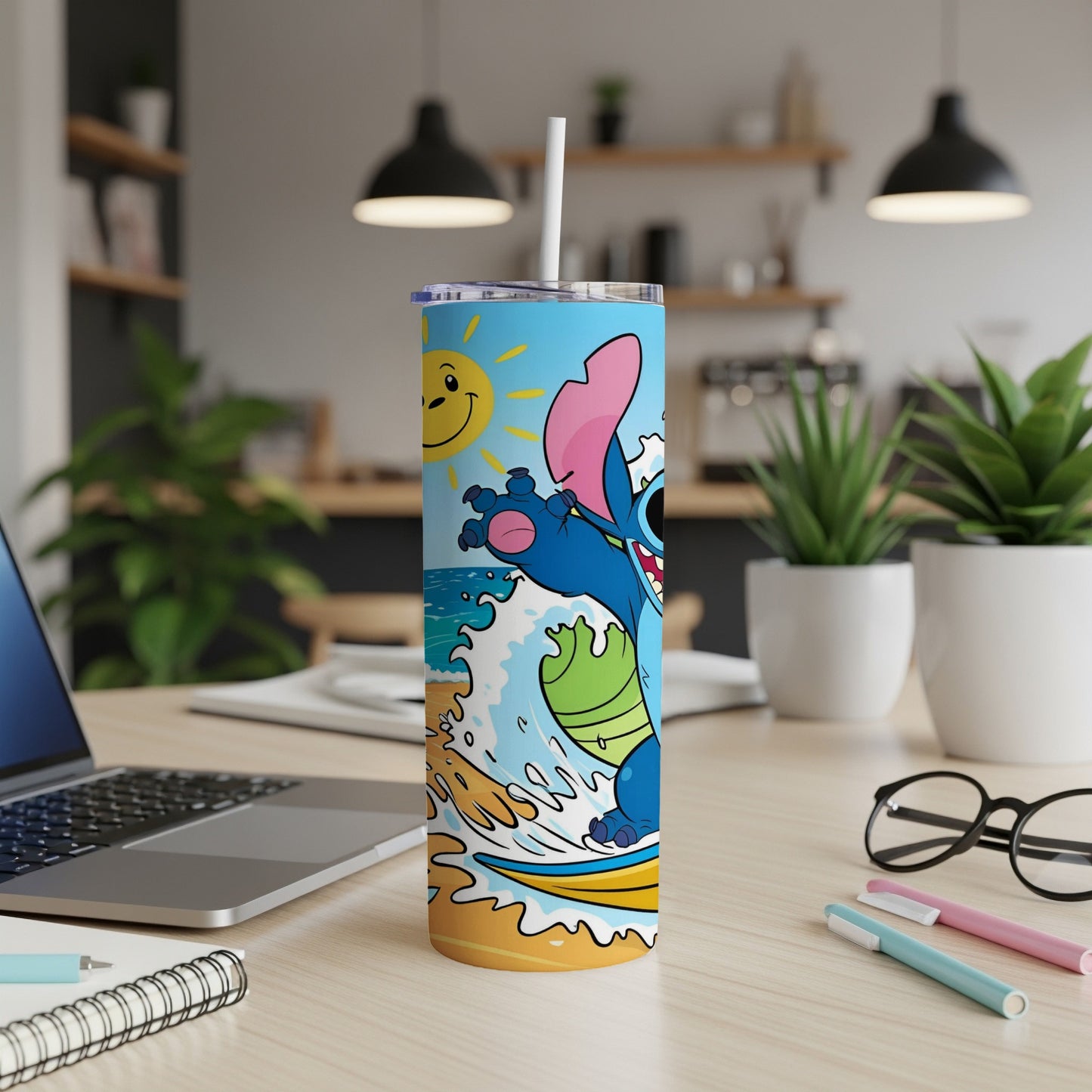 Stitch surfing a wave on a colorful tumbler with a straw.