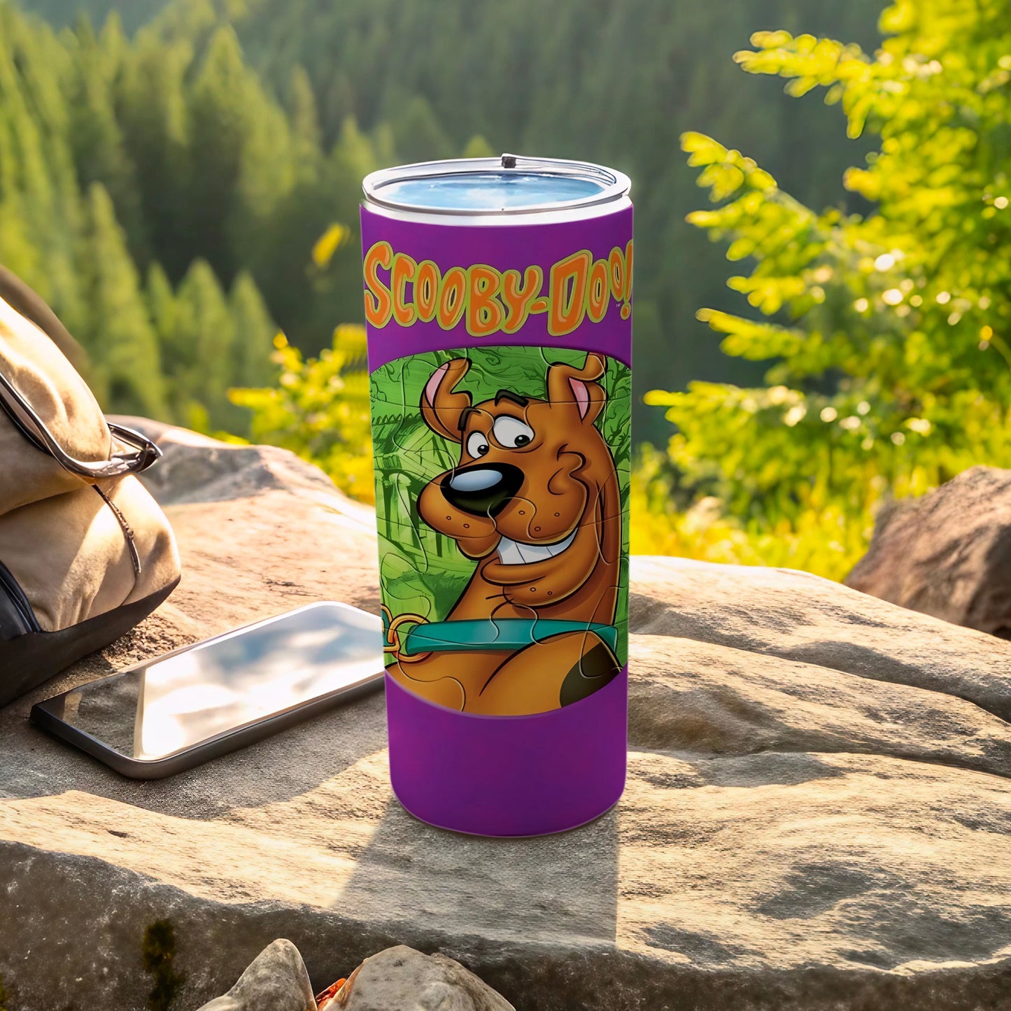 Scooby-Doo tumbler with Scooby-Doo's face on a purple background.