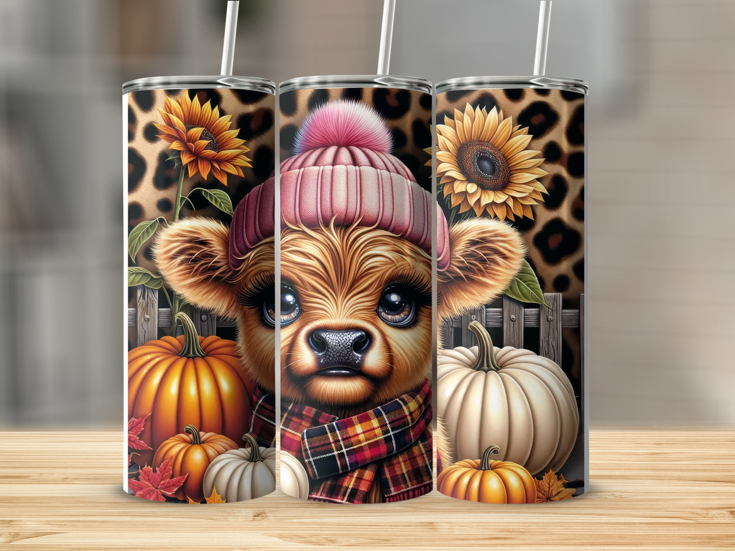 Cow wearing beanie and scarf with pumpkins and sunflowers.
